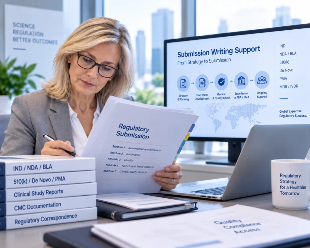 Senior regulatory professional reviewing regulatory submission documentation for a life sciences development program