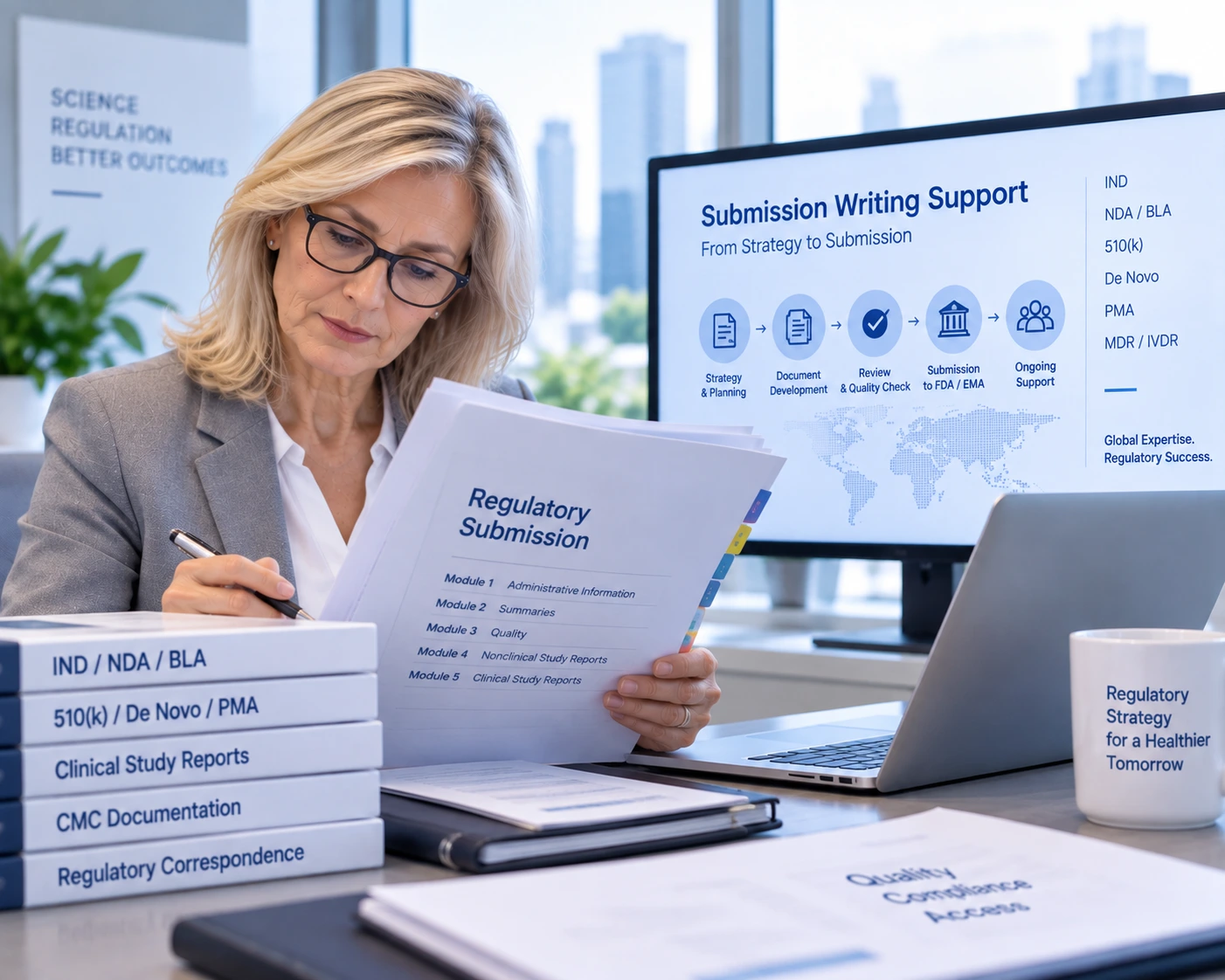 Senior regulatory professional reviewing regulatory submission documentation for a life sciences development program