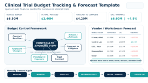 Infographic showing a sponsor-side clinical trial budget tracking framework with baseline budget, approved changes, actuals and accruals, forecast to complete, estimate at completion, variance, change-order exposure, and governance.